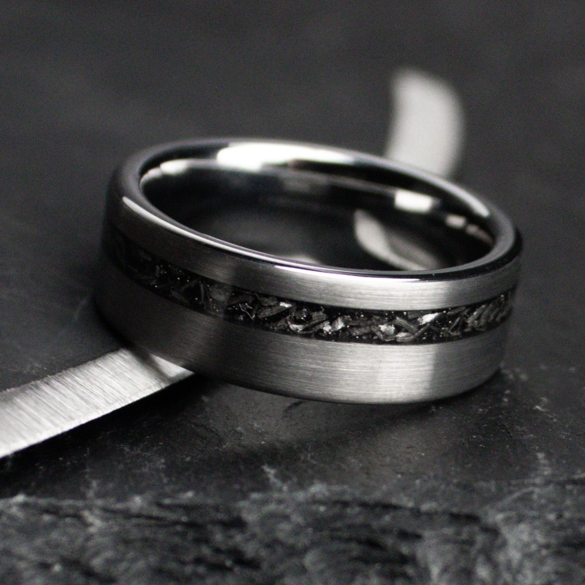 Meteorite Rings, Meteor Rings, 2 Piece Couple Set Silver Tungsten Bands Meteorite Inlay, Silver outlets Tungsten Wedding Rings, Silver Tungsten Band